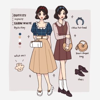 1girl animification black_hair bow contemporary dress dual_persona hair_bow highres long_hair looking_at_viewer peilu_(pslu0423) short_hair simple_background smile snow_white_(disney) snow_white_and_the_seven_dwarfs_(disney) solo
