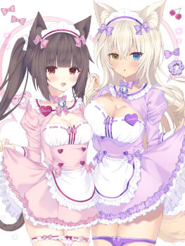 2girls :3 :d absurdres alternate_costume animal_ear_fluff animal_ears apron asymmetrical_docking bell blonde_hair blue_eyes blunt_bangs bow bow_panties bowtie breast_press breasts brown_eyes brown_hair buttons cat_ears cat_girl cat_tail character_name chocola_(nekopara) choker cleavage cleavage_cutout clothing_cutout coconut_(nekopara) collar commentary cowboy_shot donut double_bun dress floating_hair food frilled_apron frilled_collar frilled_dress frilled_panties frills hair_between_eyes hair_bow hair_bun hands_up heart heart-shaped_donut heart-shaped_food heart_button heterochromia highres holding_hands interlocked_fingers jingle_bell juliet_sleeves large_breasts long_hair long_sleeves looking_at_viewer maid maid_headdress medium_breasts multiple_girls name_tag neck_bell nekopara nyanp_neko open_mouth panties panty_pull pink_bow pink_bowtie pink_choker pink_dress presenting puffy_sleeves purple_bow purple_bowtie purple_choker purple_dress purple_panties sidelocks simple_background skirt_hold slit_pupils smile striped_clothes striped_panties tail twintails underwear very_long_hair waist_apron white_apron white_background white_panties yellow_eyes