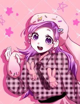 1girl alternate_costume animal_hat commentary_request dotted_line earrings go_ooori grid_background hair_ornament hairclip hat hat_ornament highres jewelry korean_commentary long_hair long_sleeves looking_at_viewer necktie open_mouth pink_background pink_hat plaid_clothes plaid_shirt purple_eyes purple_hair purple_star_(rainbow_bubblegem) rabbit_earrings rabbit_hat rainbow_bubblegem shirt simple_background smile solo star_(symbol) star_in_eye symbol_in_eye teeth unmoving_pattern upper_body upper_teeth_only