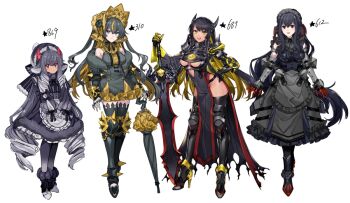 4girls aegislash alcremie alcremie_(other_cream) alternate_color apron black_hair black_thighhighs blonde_hair breasts closed_umbrella colored_inner_hair dress drill_hair flat_chest gauntlets gen_3_pokemon gen_5_pokemon gen_6_pokemon gen_8_pokemon gradient_hair gradient_legwear grey_hair haxorus horns katagiri_hachigou maid_apron manectric medium_breasts multicolored_hair multiple_girls nintendo personification pokedex_number pokemon purple_hair red_horns shiny_pokemon simple_background streaked_hair sword thighhighs torn_clothes torn_dress two-tone_hair umbrella underboob waist_apron weapon white_background