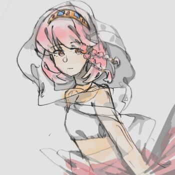 Rule 34 | 1girl, arabian clothes, bare arms, bare shoulders, braid, brown eyes, chinese commentary, cloak, closed mouth, commentary request, cowboy shot, crop top, expressionless, eyelashes, floating clothes, gold necklace, grey background, hairband, high-waist skirt, hood, hood up, hooded cloak, infinity nikki, jewelry, light frown, looking at viewer, midriff, necklace, nikki (nikki), nikki (series), pink hair, purifying wind (infinity nikki), qiuqi629, red skirt, see-through clothes, see-through hood, shirt, short hair, side braids, simple background, skirt, sleeveless, sleeveless shirt, solo, twin braids, vertical-striped hairband, white cloak, white shirt, wind, yellow hairband