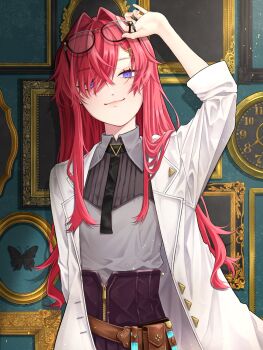 1girl adjusting_eyewear analog_clock ange_katrina ange_katrina_(4th_costume) aqua_background arm_up belt belt_pouch black-framed_eyewear black_butterfly black_necktie black_skirt blue_eyes brown_belt bug butterfly buttons clock closed_mouth coat collared_shirt commentary crossed_bangs empty_picture_frame eyewear_on_head flat_chest framed_insect glasses gold_buttons grey_shirt hair_intakes hair_over_one_eye hair_over_shoulder head_tilt high-waist_skirt highres insect lapels lips long_bangs long_hair looking_at_viewer necktie nijisanji notched_lapels open_clothes open_coat picture_frame pouch red_hair shirt shirt_tucked_in skirt sleeves_rolled_up smile smug solo square-end_necktie symbol-only_commentary test_tube_holster triangle_button ume_aji upper_body very_long_hair virtual_youtuber white_coat