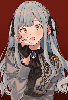 Rule 34 | 1girl, absurdres, ascot, bang dream!, bang dream! it's mygo!!!!!, black ascot, black gloves, black ribbon, blue gem, blue hair, blush, bow, commentary request, earrings, epaulettes, fingerless gloves, gem, gloves, grey jacket, hair ribbon, hanetsuka, highres, jacket, jewelry, long hair, long sleeves, open mouth, red bow, ribbon, sidelocks, simple background, solo, textless version, togawa sakiko, two side up, upper body, yellow eyes