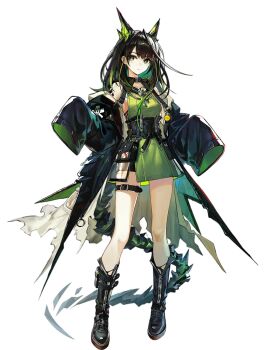 Rule 34 | 1girl, animal ears, arknights, bare shoulders, belt, belt pouch, black boots, black choker, black coat, black collar, black hair, boots, breasts, cat ears, cat girl, choker, closed mouth, coat, collar, colored inner hair, dress, five-fall, full body, green coat, green dress, green eyes, green hair, highres, jewelry, knee boots, long hair, long sleeves, looking at viewer, material growth, medium breasts, medium hair, mon3tr (arknights), multicolored hair, off shoulder, official art, open clothes, open coat, oripathy lesion (arknights), pouch, see-through clothes, short dress, sleeveless, sleeveless dress, sleeves past fingers, sleeves past wrists, solo, standing, strap, tachi-e, tail, thigh belt, thigh strap, third-party source, torn clothes, transparent background, two-tone hair