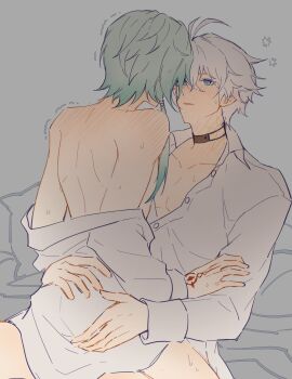 2boys anaxa_(honkai:_star_rail) bare_shoulders blush chinese_commentary grabbing_another&#039;s_ass groping hashtag-only_commentary heavy_breathing highres honkai:_star_rail honkai_(series) looking_at_another male_focus multiple_boys naked_shirt nude phainon_(honkai:_star_rail) preciousmoom shirt short_hair sitting sitting_on_lap sitting_on_person trembling yaoi