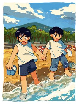 Rule 34 | 1boy, 1girl, beach, beach umbrella, black eyes, black hair, black shorts, blue pants, blue sky, blush, bright pupils, commentary request, day, denim, flip-flops, highres, holding sock, jeans, korean commentary, open mouth, original, outdoors, pants, sandals, short hair, shorts, sihyun25, sky, smile, socks, sweatdrop, tree, umbrella, unworn socks, water, white pupils, white socks