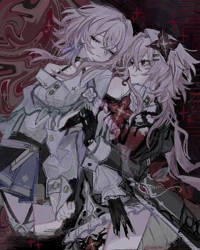 2girls black_corset black_dress black_flower black_gloves closed_eyes corset dark_background dress earrings evernight_(honkai:_star_rail) flower flower_ornament gloves hair_flower hair_ornament holding_hands honkai:_star_rail honkai_(series) jacket jewelry march_7th_(honkai:_star_rail) multicolored_eyes multiple_girls official_alternate_eye_color pink_hair red_dress red_eyes single_bare_shoulder single_earring tied_jacket two-tone_eyes uma_(npon_zinsei)