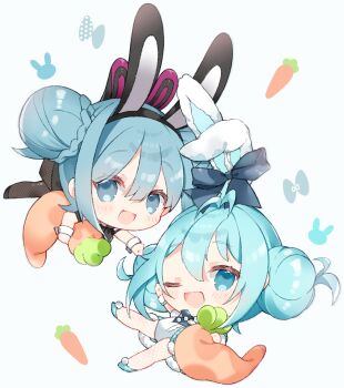 2girls :d ;d animal_ear_hairband animal_ears antenna_hair aqua_hair aqua_shoes bicute_bunnies_miku bicute_bunnies_miku_(kuroboshi) bicute_bunnies_miku_(white_bunny) black_necktie black_pantyhose black_shoes blush braid bun_with_braided_base carrot chibi chibi_only commentary_request double_bun fake_animal_ears fishnet_pantyhose fishnets hair_between_eyes hair_bun hairband hatsune_miku highres leotard looking_at_viewer multiple_girls necktie one_eye_closed open_mouth pantyhose playboy_bunny pom_pom_(clothes) rabbit_ear_hairband rabbit_ears shoes smile stuffed_toy vocaloid white_leotard white_pantyhose white_wrist_cuffs wrist_cuffs yuni_(irohasuiroiro)