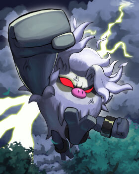 annihilape arm_up clenched_hands cloud cloudy_sky commentary_request electricity full_body highres jira_(ziraiya26) lightning midair nintendo no_humans nostrils outdoors pokemon pokemon_(creature) pokemon_focus sky solo tree veins