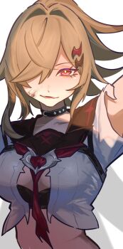 1girl black_choker blonde_hair chenxue_(astralop) chenxue_(honkai_impact) choker duoyun_de_tiankong hair_ornament hair_over_one_eye highres honkai_(series) honkai_impact_3rd long_hair looking_at_viewer official_alternate_costume official_alternate_hair_length official_alternate_hairstyle open_mouth red_eyes shirt white_background