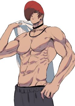 1boy abs arm_up bara bare_shoulders beniazumaru black_pants closed_mouth collar frown groin hair_over_one_eye hand_on_own_hip highres jewelry looking_at_viewer male_chest male_focus muscular muscular_male necklace nipples no_shirt pants pectorals pompadour red_hair simple_background solo sweatpants the_king_of_fighters topless_male white_background yagami_iori