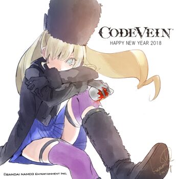 1girl 2018 black_hat black_jacket black_shoes blonde_hair blue_skirt code_vein copyright_name copyright_notice covered_mouth fur_trim green_eyes happy_new_year hat highres holding jacket knee_up kurumi_kobayashi legwear_garter looking_at_viewer mia_karnstein new_year official_art second-party_source shoes signature simple_background sitting skirt solo twintails white_background