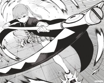 1girl absurdres coat dynamic_pose from_above gloves greyscale highres holding holding_scythe maka_albarn monochrome motion_lines perspective pleated_skirt scythe skirt solo soul_eater soul_evans speed_lines speedl00ver standing twintails twitter_username