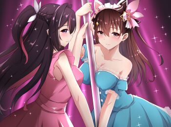 2girls alternate_costume animal_ears azki_(hololive) blue_dress blush breasts brown_hair cat_ears cleavage closed_mouth colored_inner_hair diamond_hair_ornament dress fake_animal_ears hair_ornament highres hololive hololive_grand_theft_auto large_breasts long_hair looking_at_viewer moezi multicolored_hair multiple_girls pink_dress pink_eyes pink_hair pole_between_breasts pole_dancing ponytail purple_eyes smile star_(symbol) star_hair_ornament streaked_hair tokino_sora virtual_youtuber white_streaks