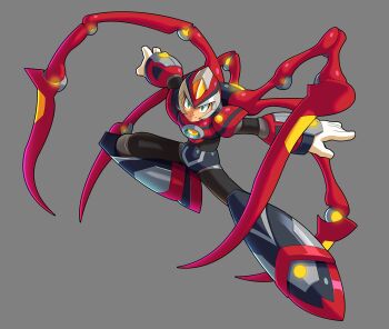 1boy alternate_costume android armor commentary cosplay english_commentary fake_arthropod_limbs forehead_jewel full_body green_eyes grey_background helmet highres leg_up male_focus marvel mega_man_(series) mega_man_x_(series) outstretched_arms red_armor red_helmet robot spider-man spider-man_(cosplay) spider-man_(series) ultimatemaverickx x_(mega_man)