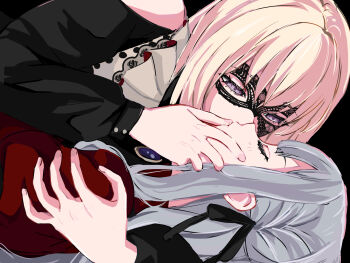 2girls bang_dream! bang_dream!_it&#039;s_mygo!!!!! black_background black_mask black_ribbon blonde_hair blue_hair closed_eyes commentary doloris_(bang_dream!) hair_ribbon hand_on_another&#039;s_face hashtag-only_commentary highres hug long_hair long_sleeves mask masquerade_mask miomujica misumi_uika multiple_girls oblivionis_(bang_dream!) purple_eyes red_shirt ribbon shirt simple_background togawa_sakiko yuri