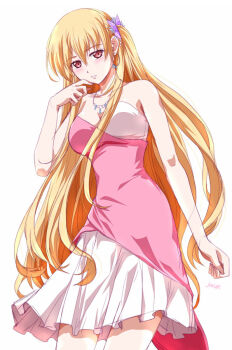 Rule 34 | 1girl, alisa reinford, artist name, blonde hair, blush, breasts, cleavage, double-parted bangs, dress, earrings, eiyuu densetsu, floating hair, hair between eyes, hair ornament, hoop earrings, jewelry, long hair, medium breasts, necklace, red eyes, sen no kiseki, sen no kiseki (series), sen no kiseki iv, simple background, solo, strapless, strapless dress, white background, xiacheng tatsuya