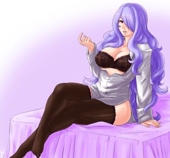 1girl alternate_costume bed bottomless breasts camilla_(fire_emblem) cleavage crossed_legs fire_emblem fire_emblem_fates hair_over_one_eye kiwi_(drawfag) large_breasts long_hair looking_at_viewer nintendo on_bed one_eye_covered purple_eyes purple_hair simple_background sitting solo thighhighs unbuttoned unbuttoned_shirt wavy_hair
