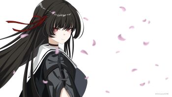 1girl absurdres black_choker black_hair black_jacket black_shirt breasts chimaera_scre chisa_(wuthering_waves) choker closed_mouth commentary english_commentary from_side hair_ribbon highres jacket long_hair looking_at_viewer looking_to_the_side medium_breasts pink_petals red_eyes red_ribbon ribbon sailor_collar shirt simple_background smile solo upper_body white_background white_sailor_collar wuthering_waves