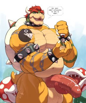 Rule 34 | 1boy, absurdres, anilingus, arm tattoo, armlet, bara, belly, biceps, bottle, bowser, bracelet, claws, collar, commentary, completely nude, english commentary, english text, erection, fangs, fat, fat man, fellatio, furry, furry male, highres, holding, holding bottle, horns, jewelry, looking at viewer, lube, lube on hand, male focus, mario (series), muscular, muscular male, navel, nintendo, nude, open mouth, oral, pectorals, penis, piranha plant, red hair, repzzmonster, signature, smile, speech bubble, spiked armlet, spiked bracelet, spiked collar, spiked shell, spiked tail, spikes, tail, tattoo, testicles, veins, veiny penis