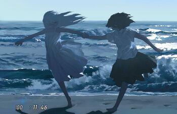 2girls bare_arms barefoot beach black_hair black_skirt blue_sky blue_theme brown_hair closed_eyes collared_shirt dated day dress film_grain floating_hair footprints holding_hands horizon long_hair looking_at_another multiple_girls ocean original outdoors outstretched_arms pleated_skirt sand shirt short_hair short_sleeves skirt sky sleeveless sleeveless_dress standing sundress utwob0 vhs_artifacts water waves white_dress white_hair white_shirt wind