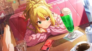 1girl 1other blonde_hair blurry blurry_foreground booth_seating cellphone cherry commentary_request food fruit game_cg green_eyes head_rest hoshii_miki hoshii_miki_(private_dress) ice_cream idolmaster idolmaster_(classic) idolmaster_million_live! idolmaster_million_live!_theater_days indoors long_sleeves looking_at_viewer melon_soda official_alternate_costume official_alternate_hairstyle official_art phone pink_sweater ponytail pout restaurant sitting smartphone solo_focus sweater third-party_source