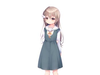 1girl aiyoku_shimai_lolita arm_behind_back atori_(aiyoku_shimai_lolita) brown_hair buttons closed_mouth collared_shirt dress feet_out_of_frame furrowed_brow game_cg green_dress hair_between_eyes hair_ornament large_variant_set long_hair long_sleeves looking_to_the_side neck_ribbon non-web_source orange_eyes pinafore_dress piyodera_mucha pom_pom_(clothes) pom_pom_hair_ornament ribbon sailor_collar shirt simple_background sleeveless sleeveless_dress solo standing tachi-e transparent_background variant_set white_sailor_collar white_shirt yellow_ribbon