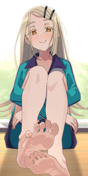 1girl barefoot blonde_hair blue_jacket blue_shorts blush collarbone commentary_request ear_piercing feet foot_focus gakuen_idolmaster hair_ornament hairclip highres hugging_own_leg idolmaster jacket knees_up long_hair long_sleeves looking_at_viewer orange-tinted_eyewear parallel_hairclips parted_bangs piercing shinosawa_hiro short_shorts shorts sidelocks sitting smile soles solo tinted_eyewear toes track_jacket yui081