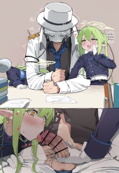 1boy 2girls absurdres anger_vein arm_rest armband bar_censor black_shirt black_tail blue_archive blue_armband blue_jacket blue_necktie blue_pants blush censored clenched_hand closed_eyes collared_shirt cropped_jacket demon_tail doodle_sensei_(blue_archive) double-parted_bangs english_text erection facing_down fang ffm_threesome gloves green_hair green_halo grey_background group_sex halo hand_rest hand_up hat heart highres hikari_(blue_archive) incest indoors jacket loli long_hair lonklink looking_at_another mosaic_censoring multiple_girls necktie nozomi_(blue_archive) open_clothes open_jacket open_mouth pants paper penis pubic_hair sensei_(blue_archive) shirt shirt_tucked_in siblings simple_background sisters skin_fang smug table tail tail_on_face testicles threesome tongue tongue_out top_hat twins twintails twitching white_gloves white_hat white_jacket white_shirt