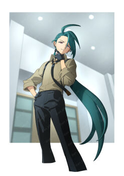 1girl androgynous black_pants cropped_legs ear_piercing earrings film_grain flat_chest green_hair hand_on_own_chin hand_on_own_hip highres jewelry long_hair nintendo pants piercing pokemon pokemon_sv pokipoki ponytail red_eyes reverse_trap rika_(pokemon) sleeves_rolled_up solo suspenders thinking very_long_hair watermark