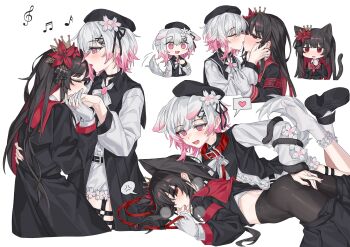 2girls absurdres animal_ears armband black_dress black_hair black_hat black_pantyhose black_shoes blush cat_ears cat_girl cat_tail closed_eyes collar colored_inner_hair commentary dog_ears dog_girl dog_tail dress fang fingering fingering_through_clothes flower french_kiss gloves hat highres holding holding_hands holding_leash kemonomimi_mode kiss leash mahou_shoujo_no_majo_saiban multicolored_hair multiple_girls nikaido_hiro pantyhose pink_eyes pink_hair pink_nails red_armband red_collar red_eyes red_hair sakuraba_ema shirt shoes short_hair simple_background socks streaked_hair sweat tail tail_around_arm through_clothes tongue tongue_out white_background white_flower white_gloves white_hair white_shirt white_socks yume_(454565427) yuri