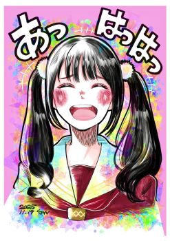 +++ 1girl ^_^ animification black_hair blush border closed_eyes commentary_request dated dress facing_viewer flower hair_flower hair_ornament hasu_no_sora_school_uniform highres kan_kanna laughing link!_like!_love_live! long_hair love_live! neckerchief pink_background pink_flower raised_inner_eyebrows real_life red_dress red_neckerchief sailor_collar sailor_dress school_uniform solo tantan_(tan_barin_) twintails upper_body voice_actor white_border white_sailor_collar winter_uniform