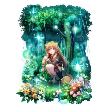 1girl animal_ear_fluff animal_ears ankle_boots artist_request black_dress boots brown_boots brown_hair bush child closed_mouth collar day dress eyelashes flower flower_request forest full_body game_cg glint grey_dress hair_between_eyes holding holding_own_hair knife knife_sheath light_particles long_hair long_sleeves looking_at_viewer messy_hair metal_collar metal_hair_tubes metal_wrist_cuffs nature official_art pink_flower pinstripe_dress pinstripe_pattern pleated_dress raccoon_ears raccoon_girl raccoon_tail rain raphtalia red_dress red_eyes red_flower sheath sheathed short_dress short_sleeves simple_background smile solo sparkle squatting tail tate_no_yuusha_no_nariagari tate_no_yuusha_no_nariagari_rerise transparent_background tree white_flower yellow_flower