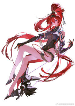 1girl absurdly_long_hair asymmetrical_docking bare_shoulders black_dress black_gloves black_hairband blue_ribbon breast_press breasts caicaicaicai_ni_caicai chinese_commentary closed_mouth commentary_request crossed_legs dress elbow_gloves eyelashes flower full_body gloves grey_leotard hair_between_eyes hair_intakes hair_ornament hairband hairpin hand_on_own_knee high_ponytail highres holding holding_string large_breasts leotard light_particles long_hair marking_on_cheek ponytail purple_eyes red_dress red_flower red_gloves red_hair ribbon robot simple_background sitting smile solo split_ponytail string tassel two-sided_dress two-sided_fabric two-sided_gloves very_long_hair watermark weibo_watermark white_background wuthering_waves yinlin_(wuthering_waves)