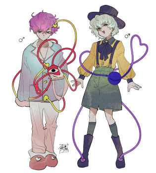 Rule 34 | 2boys, absurdres, black boots, black hat, blue shirt, boots, commentary, full body, genderswap, genderswap (ftm), green eyes, green hair, green shorts, hat, heart, heart of string, highres, kneehighs, komeiji koishi, komeiji satori, long sleeves, looking at viewer, male focus, mars symbol, mochitose aguri, multiple boys, open mouth, pants, purple hair, red shoes, shirt, shoes, short hair, shorts, simple background, socks, standing, suspenders, touhou, white background, yellow shirt