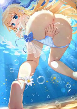1girl ankleband anus ass barefoot bikini blonde_hair blue_bikini blue_eyes blush bubble cedar_(cedar_japonica) commission covering_crotch covering_privates edelweiss_(flower_knight_girl) feet flower_knight_girl flower_ornament hair_ribbon loli long_hair looking_at_viewer looking_back open_mouth paid_reward_available ribbon skeb_commission soles solo swimsuit underwater variant_set