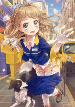 1girl accidental_exposure ankle_boots architecture artist_name assisted_exposure blue_bow blue_eyes blue_jacket blue_skirt blue_sky bollard boots bow bowtie breasts brown_boots brown_hair building car cityscape commentary_request day dog envelope foot_out_of_frame garter_belt gloves hair_bow hanakomiti highres jacket long_hair mailbag mailman motor_vehicle name_tag open_mouth original outdoors pants pantsing pavement pink_bow pink_bowtie pink_pants postbox_(outgoing_mail) road running scared shirt signature skirt sky small_breasts solo tearing_up thighhighs three-quarter_sleeves top_of_moe_2016 van wavy_hair white_gloves white_shirt white_thighhighs yellow_bag yellow_car