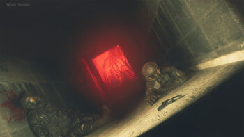 2others absurdres apocalypse artist_name blender_(medium) blood blood_splatter body_horror commentary corpse crawling death english_commentary flesh gas_mask glowing gun highres horror_(theme) imminent_death indoors mask melted_together military_uniform multiple_others open_door pethick_chronicles photoshop_(medium) pile_of_corpses pocket pole reaching reaching_for_weapon red_light scp-001_(when_day_breaks) scp_foundation skeleton skull soldier weapon