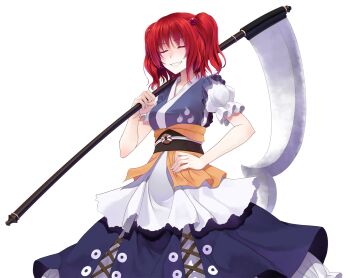 Rule 34 | 1girl, black sash, blue dress, blue skirt, breasts, closed eyes, coin, coin on string, collarbone, commentary request, cowboy shot, crote, dress, fingernails, grin, hair bobbles, hair ornament, hand on own hip, hand up, highres, holding, holding scythe, large variant set, obi, obidome, onozuka komachi, over shoulder, puffy short sleeves, puffy sleeves, red hair, sash, scythe, short hair, short sleeves, skirt, smile, solo, standing, teeth, touhou, transparent background, two side up, v-shaped eyebrows, variant set, weapon, weapon over shoulder