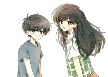 1boy 1girl absurdres aged_down alternate_costume antenna_hair black_eyes black_hair black_shirt blush bright_pupils brother_and_sister closed_mouth collared_shirt commentary hair_between_eyes highres long_hair looking_at_viewer mari_(faraway)_(omori) mari_(omori) omori parted_lips salt_xs2 shirt short_hair short_sleeves siblings simple_background smile sunny_(omori) t-shirt white_background white_pupils white_shirt