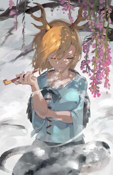 1girl absurdres antlers black_skirt blonde_hair blue_shirt breasts closed_eyes commentary cowboy_shot dragon_horns dragon_tail flower highres holding holding_smoking_pipe horns kicchou_yachie medium_breasts parted_lips sashimi_oniku shirt short_hair short_sleeves skirt smoke smoking_pipe solo tail touhou tree turtle_shell wisteria