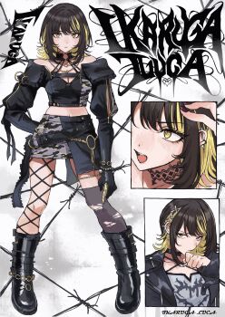 1girl absurdres asymmetrical_legwear bare_shoulders black_boots black_gloves black_hair black_shirt black_skirt blonde_hair blonde_streaks boots breasts character_name claw_ring ear_piercing fishnet_thighhighs fishnets gloves grey_thighhighs highres idolmaster idolmaster_shiny_colors ikaruga_luca long_sleeves looking_at_viewer medium_hair midriff mou_(piooooon) multicolored_hair multiple_views piercing shirt single_fishnet_legwear skirt small_breasts streaked_hair swept_bangs thighhighs torn_clothes torn_thighhighs two-tone_hair yellow_eyes