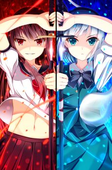 2girls akine_(kuroyuri) bemani black_bow black_bowtie blouse blue_eyes blue_skirt blue_vest bow bowtie buttons crossover eyebrows glowing hairband highres hitodama holding holding_sword holding_weapon katana konpaku_youmu konpaku_youmu_(ghost) kureha_(sound_voltex) long_hair looking_at_viewer multiple_girls navel pleated_skirt puffy_short_sleeves puffy_sleeves red_eyes red_ribbon ribbon school_uniform serafuku sheath shirt short_hair short_sleeves silver_hair skirt skirt_set smile sound_voltex sound_voltex_ii_infinite_infection sound_voltex_iii_gravity_wars split_screen stomach sword symmetrical_pose touhou unsheathing upshirt vest weapon white_shirt