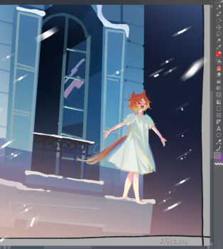 1girl animal_ears art_program_in_frame blush closed_eyes commentary dress hair_between_eyes horse_ears horse_girl horse_tail imminent_suicide open_mouth orange_hair orange_tail short_hair short_sleeves smile snow snowing solo symbol-only_commentary t.m._opera_o_(umamusume) tail ttuk_san umamusume white_dress