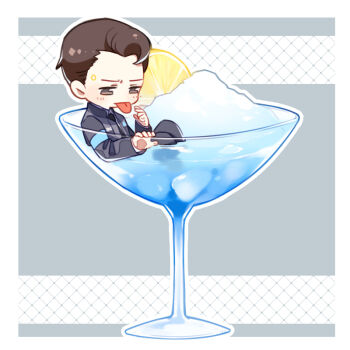 Rule 34 | 1boy, blue drink, brown hair, chibi, cocktail glass, commentary, connor (detroit), cup, detroit: become human, drinking glass, food, formal clothes, fruit, glass, ice, lemon, lemon slice, luminous slime, miniature, outline, short hair, sitting, suit, tongue, tongue out, transparent background, white outline