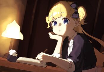 1girl absurdres blonde_hair blue_eyes blunt_bangs commentary_request dimly_lit_room emilico_(shadows_house) hair_ribbon hand_on_own_face highres indoors long_hair ribbon shadows_house shoga_0226 solo