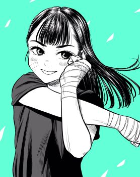 1girl aqua_background bandaid bandaid_on_cheek bandaid_on_face commentary_request cross-body_stretch greyscale_with_colored_background grin hand_wraps highres lee_(dragon_garou) light_blush long_hair original shirt smile solo t-shirt upper_body