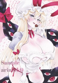 Rule 34 | 1girl, apron, arim0k0, artist name, blonde hair, blush, bow, breasts, candy, chocolate, chocolate heart, cleavage cutout, clothing cutout, commentary, elbow gloves, food, frilled apron, frills, gap (touhou), gloves, hair bow, hat, hat ribbon, heart, heart-shaped food, heart cutout, highres, holding, holding food, huge breasts, long hair, low-tied long hair, marker (medium), mob cap, open mouth, panties, pink background, purple eyes, red bow, red ribbon, ribbon, sample watermark, short sleeves, sidelocks, solo, thighhighs, touhou, traditional media, underwear, valentine, watermark, white apron, white gloves, white hat, white panties, white thighhighs, yakumo yukari