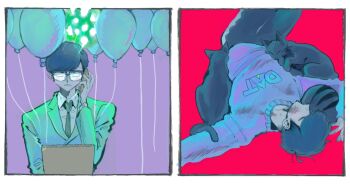 2boys balloon bespectacled brothers cardboard cat closed_eyes clothes_writing dirty dirty_clothes dirty_face fake_phone formal_clothes glasses highres korozikoro lying male_focus matsuno_choromatsu matsuno_ichimatsu messy_hair multiple_boys official_alternate_costume on_back osomatsu-san osomatsu_(series) self-awareness_(osomatsu-san) siblings split_screen suit