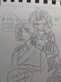 Rule 34 | 1boy, 1girl, age difference, couple, dazai osamu (isekai shikkaku), doodle, genderswap, genderswap (ftm), genderswap (mtf), heart, height difference, highres, isekai shikkaku, sacchan (isekai shikkaku), sketch, speech bubble, thought bubble, traditional media